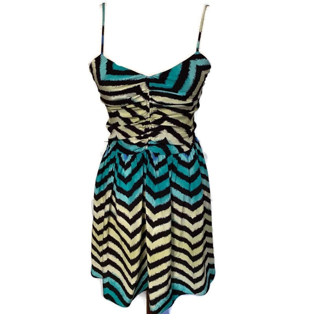 PARKER DRESS MINI BLACK CHEVRON BLUE YELLOW SPAGHETTI STRAPS Size XS